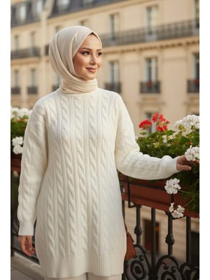 Örgü Detaylı Krem Triko Kazak Tunik 8263kr