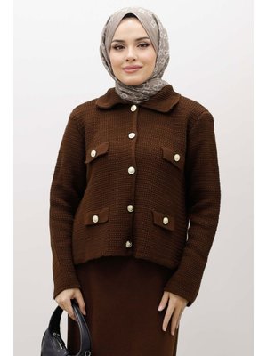 Kahverengi Süs Cepli Triko Hırka