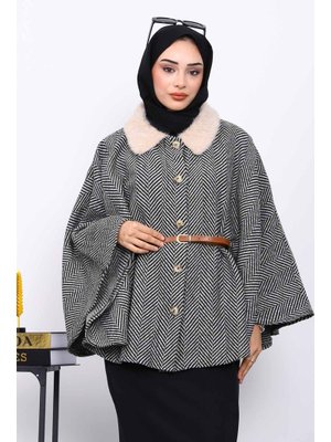 Siyah Yaka Kürklü Kemerli Panço