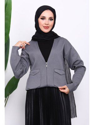 Füme Çift Cepli Fermuarlı Triko Hırka