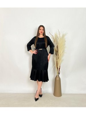 Siyah Büyük Beden Alt Etek Kısmı Balık Detaylı Kemerli Elbise