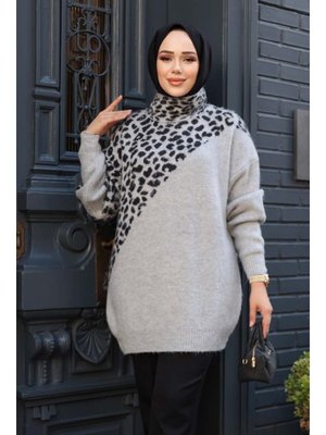 Desenli Gri Triko Kazak Tunik 8818gr