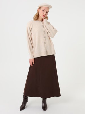 Taş Rengi Tam Boy Düğmeli Basic Triko Hırka