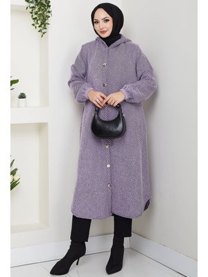 Lila Çizgi Detay Kapüşonlu Kaşe Kap