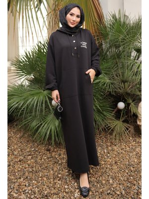 Siyah Baskılı Kapüşonlu İki İplik Elbise