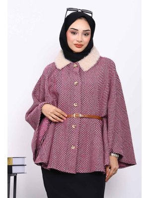 Pembe Yaka Kürklü Kemerli Panço