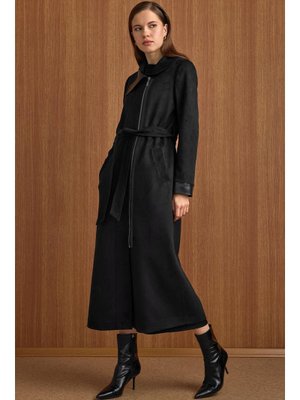 Siyah Devrik Yaka Fermuar Kapamalı Deri Garnili Süet Görünümlü Kap