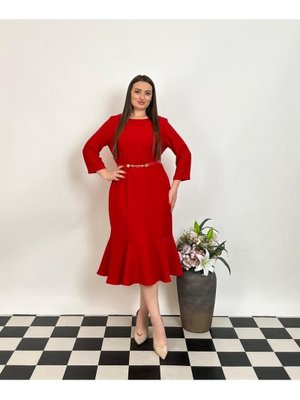 Kırmızı Büyük Beden Alt Etek Kısmı Balık Detaylı Kemerli Elbise