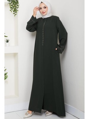 Haki Gizli Patlı Çiçek Taşlı Ferace