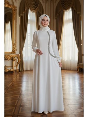 Boncuk Detaylı Ekru Saten Abiye Elbise 62281e
