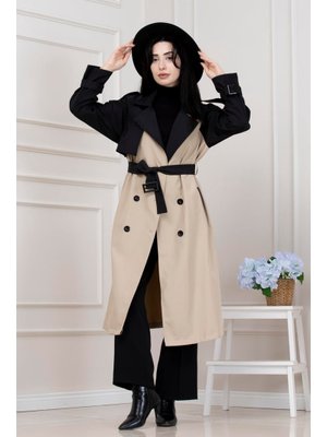 Bej İki Renk Cepken Detaylı Trençkot