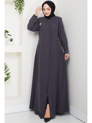 Füme Broşlu Büyük Beden Ferace