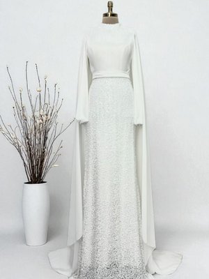 Ekru Şifon Pelerin Detaylı Eteği Boncuk İşlemeli Büyük Beden Abiye Elbise