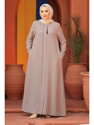 Boncuk Detaylı Bej Abaya 26331bej