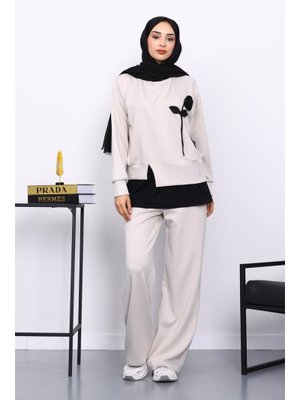 Taş Bisiklet Yaka Gül Detaylı Tunik Pantolonlu Modal Takım