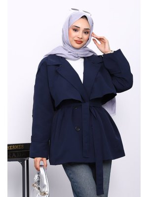 Lacivert Kravuze Yaka Düğmeli Kısa Trençkot