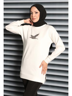 Beyaz Kuş Taşlı İşlemeli Modal Tunik
