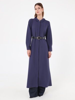 Lacivert Krep Kumaşlı Yakası Fırfır Detaylı Kap / Pardesü