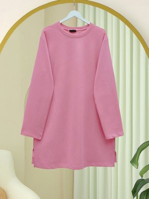Pembe Yuvarlak Yaka Yırtmaçlı Salaş Penye Tunik
