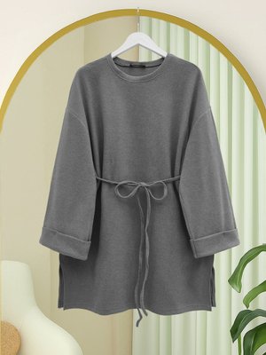 Gri Kolu Katlı Beli Bağlamalı Yırtmaçlı Selanik Tunik