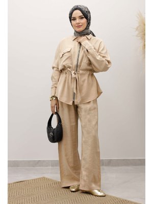 Bej Beli Büzgülü Fermuarlı İkili Takım