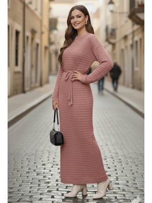 Gül Kurusu Palmiye Fileli Triko Elbise