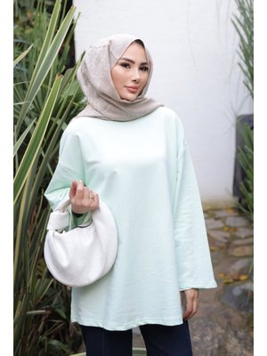 Su Yeşili Bisiklet Yaka Oversize İki İplik Tunik