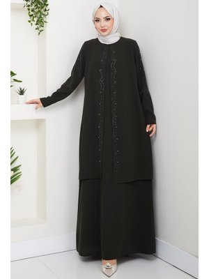 Haki Büyük Beden Boncuklu Taşlı Anne Elbisesi