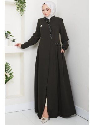 Haki Broşlu Büyük Beden Ferace