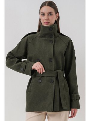 Haki Kuşaklı Kaşe Kaban