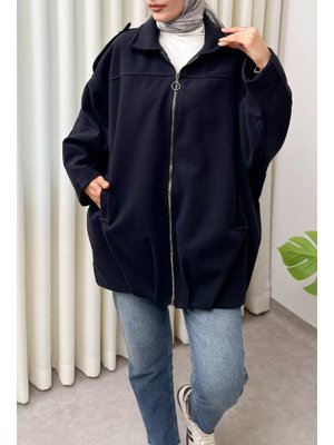 Lacivert Fermuarlı Oversize Kaşe Kaban