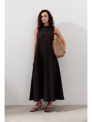 Acı Kahve Keten Büzgülü Geniş Elbise