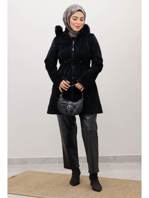 Siyah Kapüşonlu Fermuarlı Fox Kaban