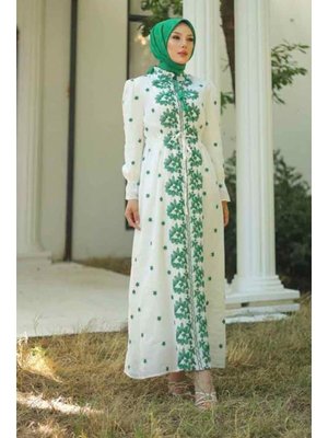 Desenli Zümrüt Yeşili Elbise 13503zy