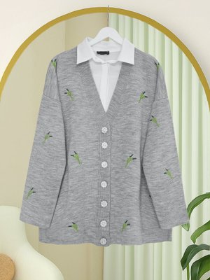 Gri Taşlı Düğmeli Dal Desenli Triko Hırka