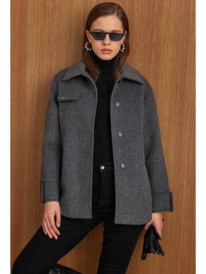 Koyu Gri Gömlek Yaka Kuşak Detaylı Oversize Kısa Kaban