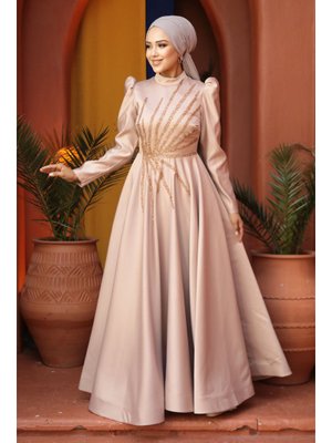 Boncuk İşlemeli Vizon Saten Abiye Elbise 2265v