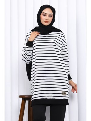 Ekru Çizgili Bisiklet Yaka Armalı Tunik