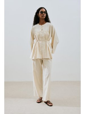 Dokulu Bağlamalı Pantolon Natural