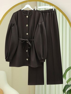 K. Kahve Balon Kol Beli Kuşaklı Önü Düğmeli Scuba Takım