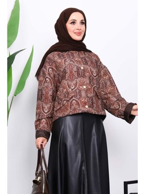 Kahverengi Etnik Desenli Kısa Ceket