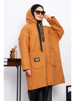 Kiremit Kapüşonlu Cep Detaylı Buklet Kaban