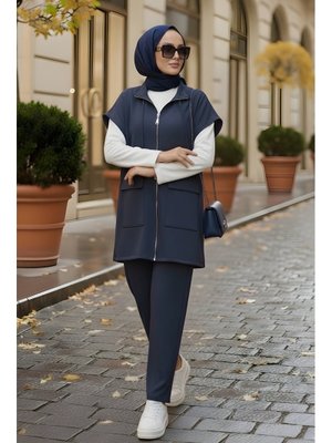 Lacivert Scuba Yelek Pantolonlu Üçlü Takım