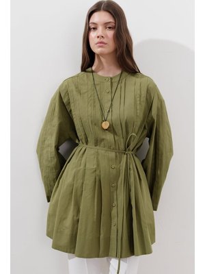 Yeşil Nervürlü Geniş Kollu Tunik