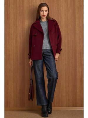 Mürdüm Pelerin Ve Kol Patı Detaylı Kruvaze Kısa Kaban