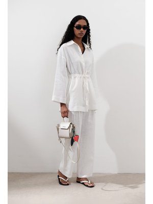 Ekru Keten Beli Bağlamalı Tunik