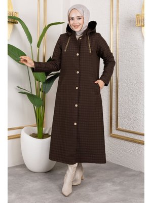 Acı Kahve Kapüşonlu Zincir Detaylı Kapitone Kap