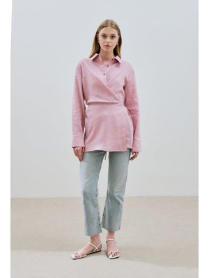 Pembe Keten Bağlama Detaylı Gömlek