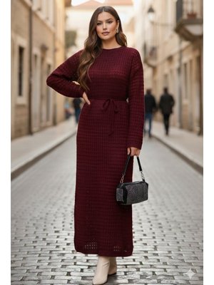 Kırmızı Palmiye Fileli Triko Elbise