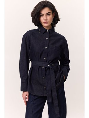 Derin Mavi Kemer Detaylı Denım Gömlek